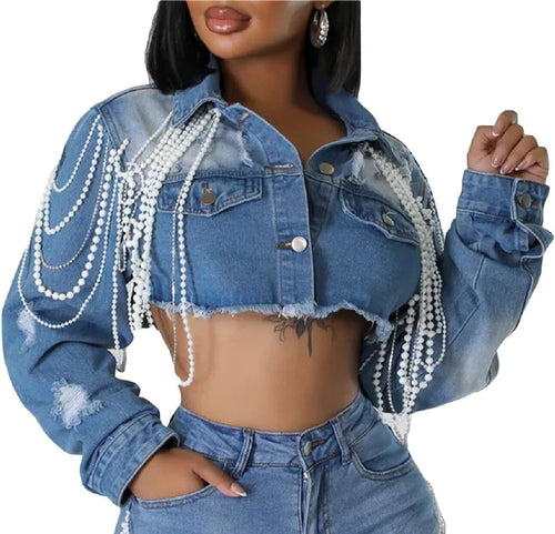 Women's Front Button Long Sleeve Fringe Trim Pocket Denim