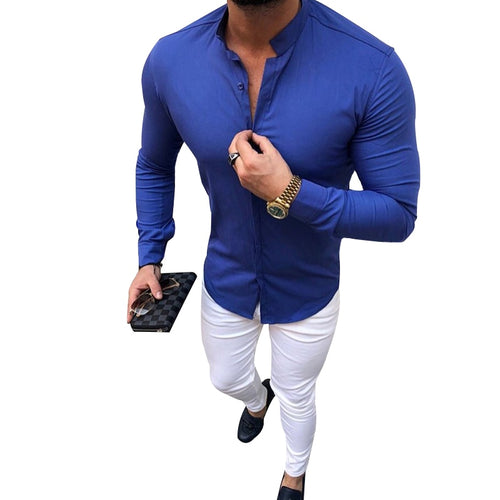 Men Shirts Summer Long Sleeved Slim Fit Soild Line Cotton Casual