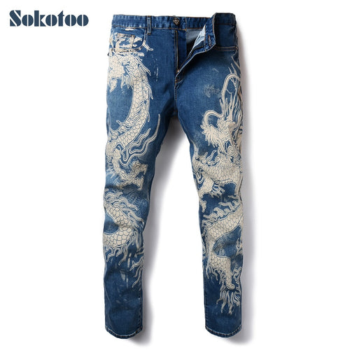 Men's fashion dragon print jeans