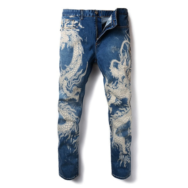 Men's fashion dragon print jeans