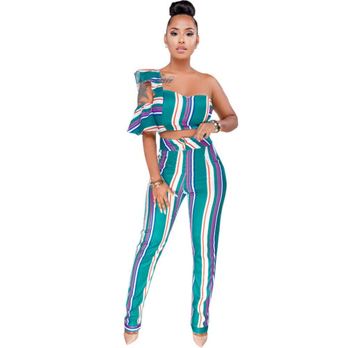 Sexy Two Piece Set Women One Shoulder Strapless Crop Top and Long Pants