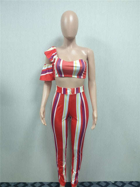 Sexy Two Piece Set Women One Shoulder Strapless Crop Top and Long Pants