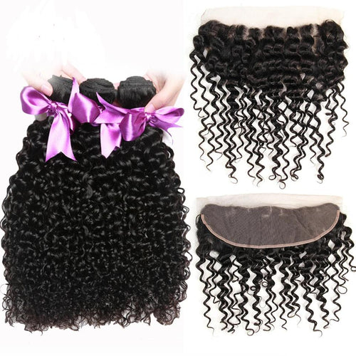 Malaysian Curly Hair 3 Bundles With Lace Frontal Closure