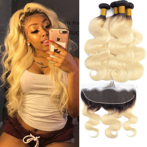 Frontal Brazilian Body Wave Remy Human Hair Dark Roots Russian
