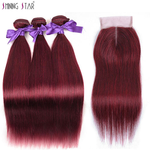 Brazilian  With Closure Straight Red Human Hair