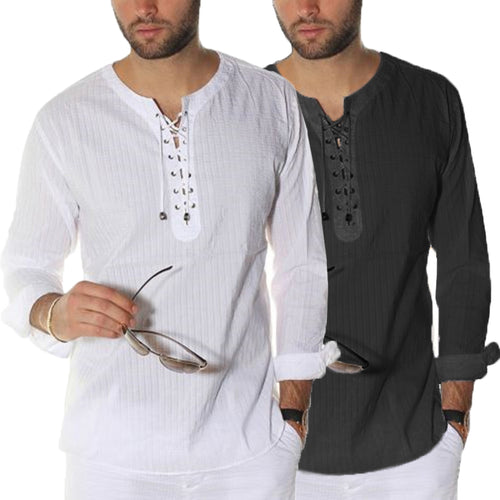 Mens Shirts Dress Long Sleeve Lace Up Tunic Casual
