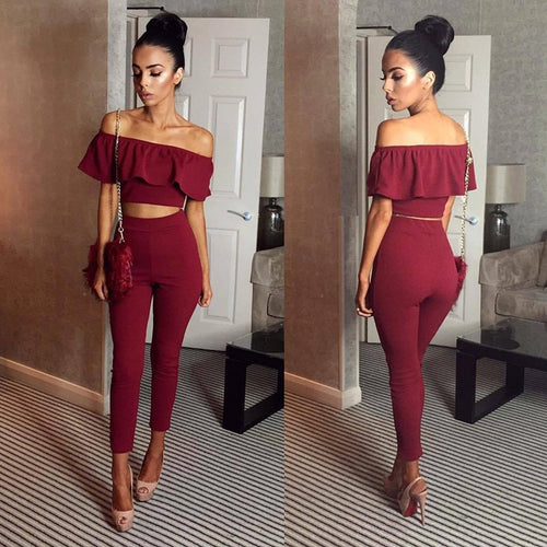 Sexy Off Shoulder Ruffles Women Two-piece Set 2019 New Casual