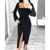 Women Sexy Backless Black Long Sleeve Square Neck